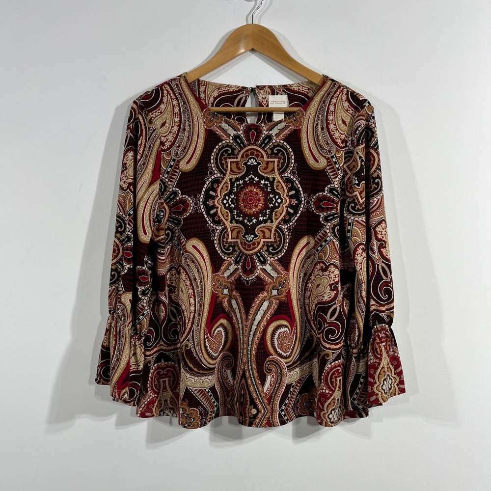 Chicos Whimsigoth Renfair‎ Artsy Paisley Peasant Top Medium Hippie Fairy Grunge